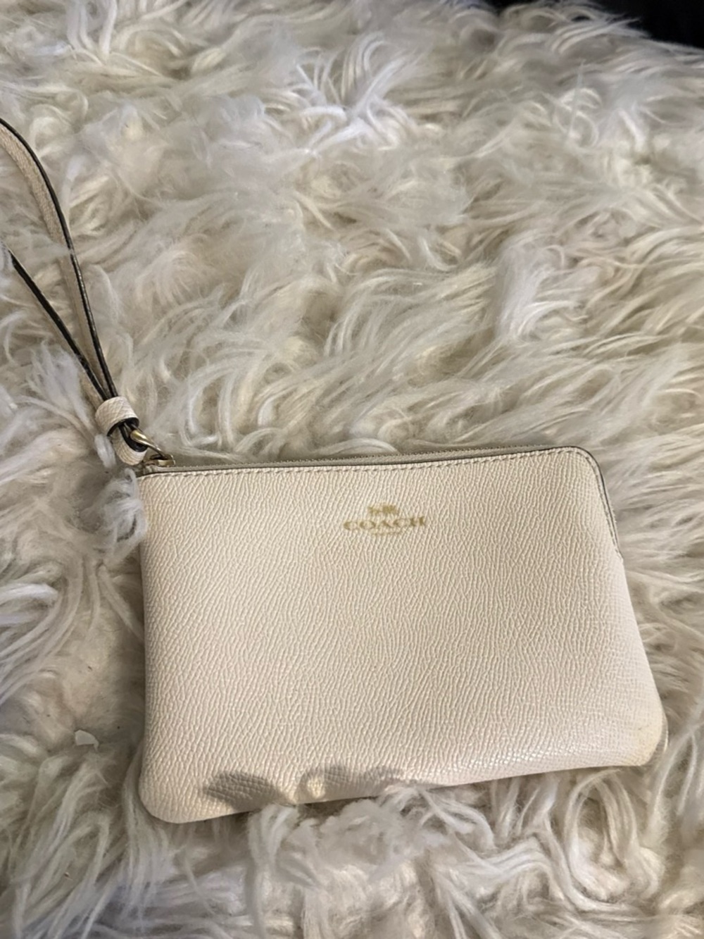 Coach Cream Leather Wristlet Pouch with Gold Logo